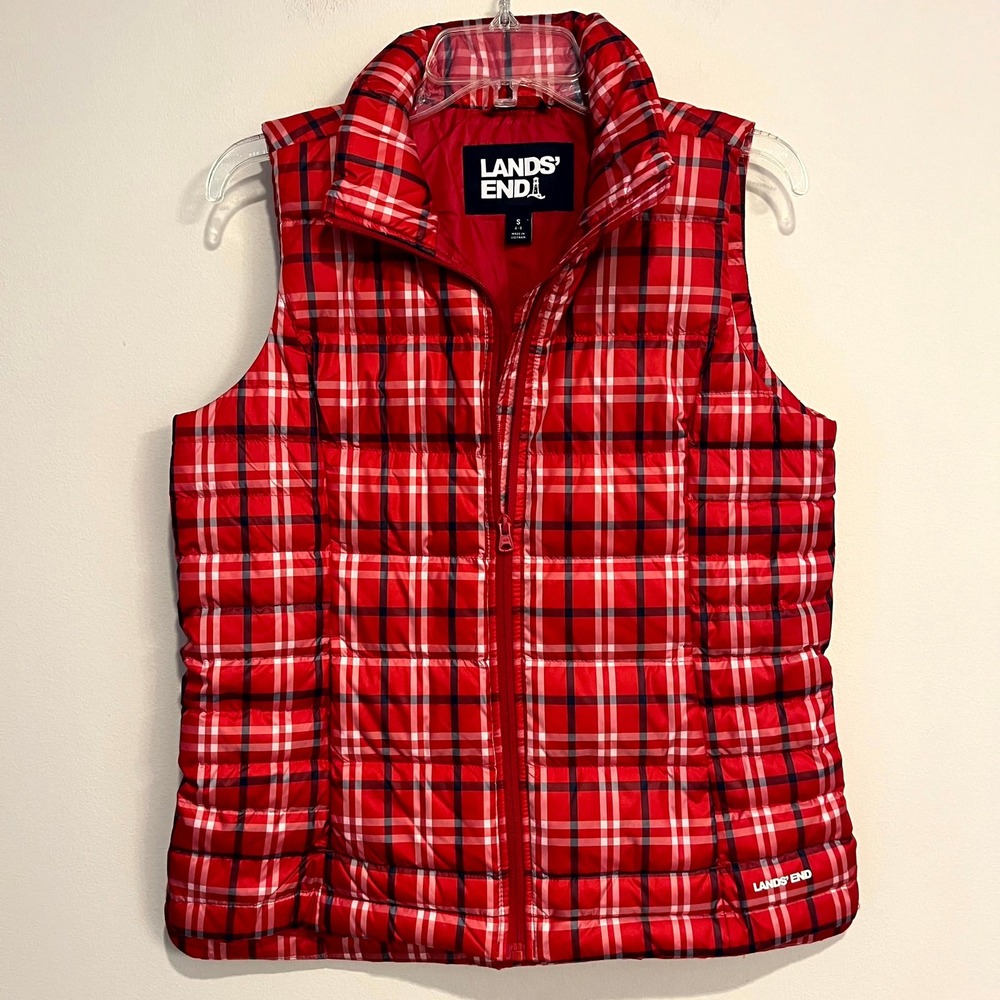 Lands' End Puffer Vest Red Plaid Quilted Down Insulated Women Size Small 6-8